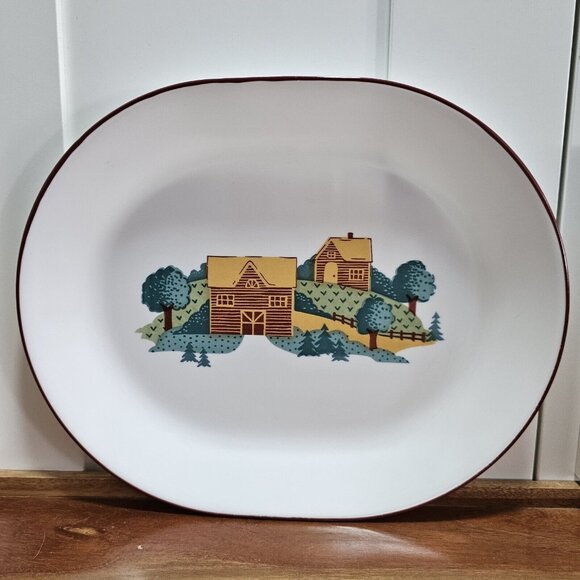 Corelle Corning Landscape Oval Serving Platter 12" red rim logcabin trees feilds - Picture 4 of 10